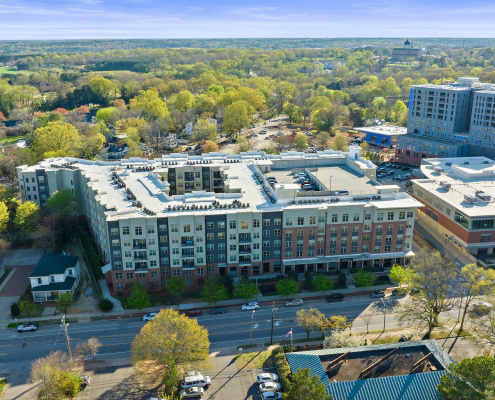 Aerial view of Raleigh apartment property, daytime